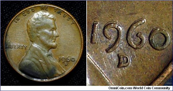 1960D Lincoln Cent, Re-punched Mint Mark. Shows as a Verticle Bar Inside the Primary and a Small Portion South of the Primary, Also Shows Strong Machine Doubling Damage as Well