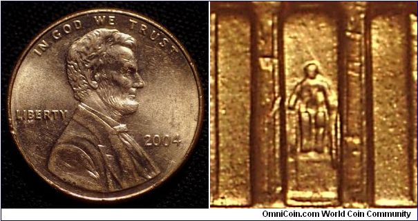 2004 Lincoln Cent, Class 9 Doubled Die, Doubling of Column Seven Shown as Two Strong Bars Between the Statue and the Column