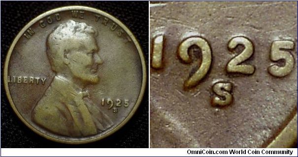 1925S Lincoln Cent, Re-punched Mint Mark, Nice punch to the South of the Primary, Coneca TOP 100 RPM