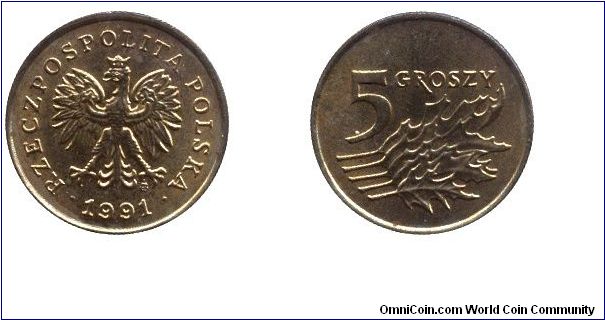 Poland, 5 groszy, 1991, Steel-Bronze, 19.5mm, 2.59g, Republic of Poland.                                                                                                                                                                                                                                                                                                                                                                                                                                            