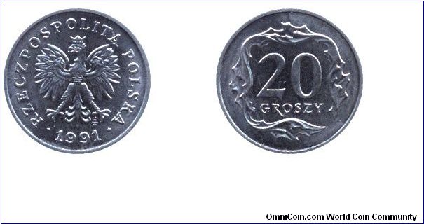 Poland, 20 groszy, 1991, Cu-Ni, 18.5mm, 3.22g, Republic of Poland.                                                                                                                                                                                                                                                                                                                                                                                                                                                  