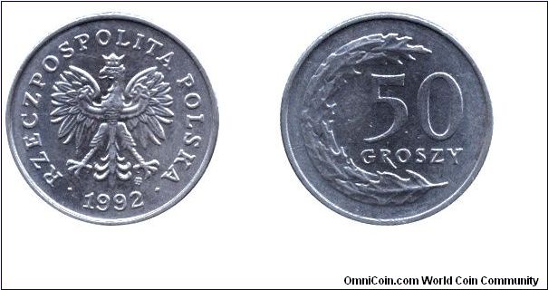 Poland, 50 groszy, 1992, Cu-Ni, 20.50mm, 3.94g, Republic of Poland.                                                                                                                                                                                                                                                                                                                                                                                                                                                 