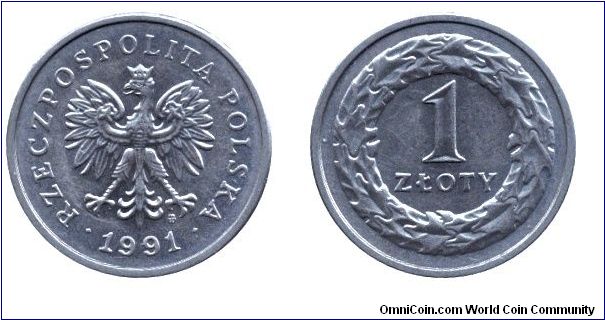 Poland, 1 zloty, 1991, Cu-Ni, 23mm, 5g, Republic of Poland.                                                                                                                                                                                                                                                                                                                                                                                                                                                         