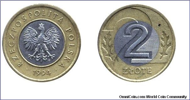 Poland, 2 zlote, 1994, Cu-Ni-Al-Bronze, bi-metallic, 21.5mm, 5.21g, Republic of Poland.                                                                                                                                                                                                                                                                                                                                                                                                                             