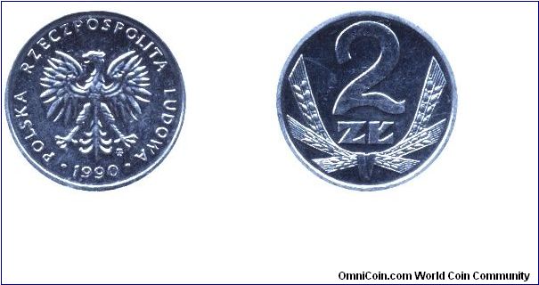 Poland, 2 zlote, 1990, Al, 17.9mm, People's Republic of Poland.                                                                                                                                                                                                                                                                                                                                                                                                                                                     