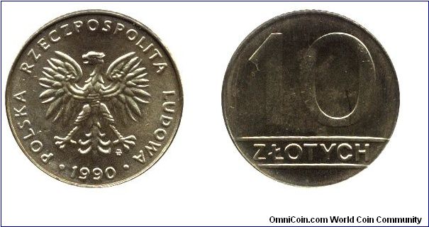 Poland, 10 zlotych, 1990, Brass, 21.8mm, People's Republic of Poland.                                                                                                                                                                                                                                                                                                                                                                                                                                               
