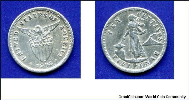 10 centavos.
American Philippines.
Heavy centavos.
Without mintmark.
Mintage 5,103,000 units.


Ag900f. 2,69gr.