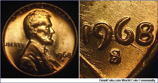 1968S Lincoln Cent, Strong Machine Doubling Damage, Mint Error