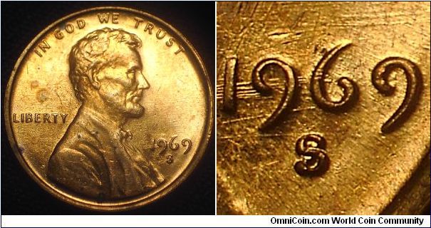 1969S Lincoln Cent, Re-punched Mint Mark Shown as a Separation of the Upper Curve and the Upper Serif, Markers Can be best Identified by this Photo as the LDS Die Scratches Through the Date and the Position of the Mint Mark.