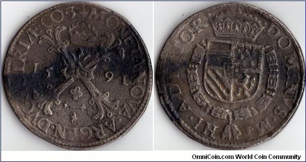 1598-1621 silver Patagon from Gelders in the then Spanish Netherlands, now the Netherlands.This one bearing corrosion.