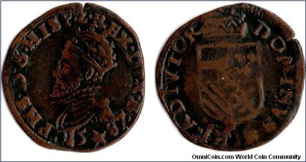 Nice 1587 copper liard from the Brabant, Spanish Netherlands. Nice bust of Philipp II of Spain.