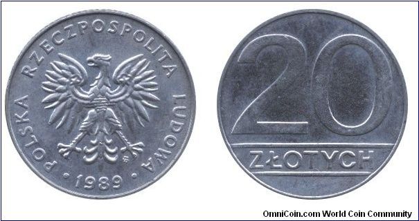 Poland, 20 zlotych, 1989, Cu-Ni, 23.9mm, People's Republic of Poland.                                                                                                                                                                                                                                                                                                                                                                                                                                               