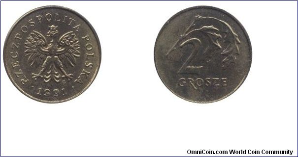 Poland, 2 grosze, 1991, Steel-Bronze, 17.5mm, 2.13g, Republic of Poland.                                                                                                                                                                                                                                                                                                                                                                                                                                            