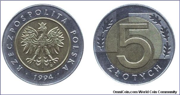 Poland, 5 zlotych, 1994, Cu-Ni-Al-Bronze, bi-metallic, 24mm, 6.54g, Republic of Poland.                                                                                                                                                                                                                                                                                                                                                                                                                             