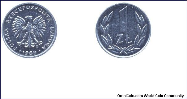 Poland, 1 zloty, 1989, Al, People's Republic of Poland.                                                                                                                                                                                                                                                                                                                                                                                                                                                             
