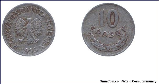 Poland, 10 groszy, 1949, Cu-Ni, Republic of Poland.                                                                                                                                                                                                                                                                                                                                                                                                                                                                 