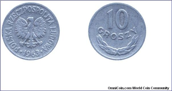 Poland, 10 groszy, 1963, Al, People's Republic of Poland.                                                                                                                                                                                                                                                                                                                                                                                                                                                           