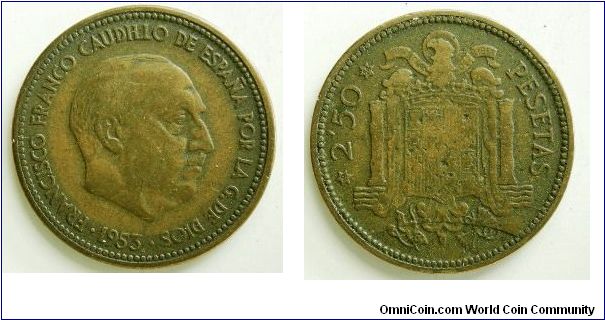 2.50 pesetas 
Franco, 
Produced in 1954