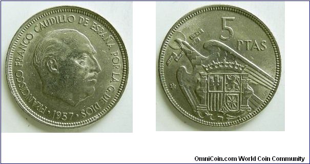 5 pesetas, 
Franco, 
I have several of these, produced in 1957,58,59,65,73