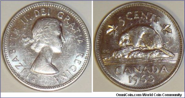 Canada, 5 cents, 1963 (1963-1964) Regulation Coin, the Beaver, silver