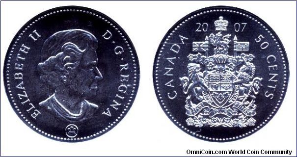Canada, 50 cents, 2007, Ni-Steel-Cu, 27.13mm, 6.9g,  Coat of Arms, Queen Elizabeth II.                                                                                                                                                                                                                                                                                                                                                                                                                              