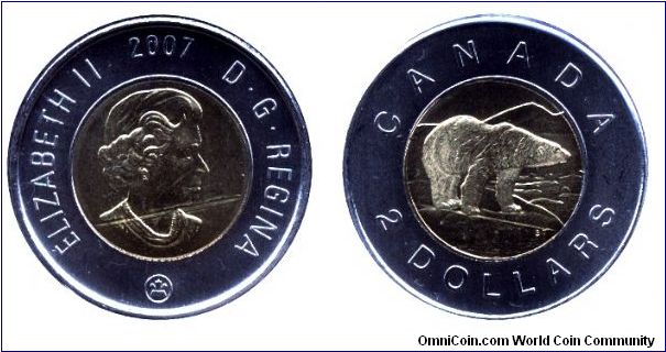 Canada, 2 dollars, 2007, Ni-Cu-Al-Ni, bi-metallic, 28mm, 7.3g, Polar Bear, Queen Elizabeth II.                                                                                                                                                                                                                                                                                                                                                                                                                      