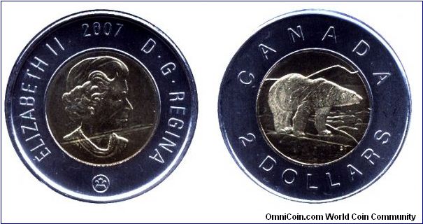 Canada, 2 dollars, 2007, Ni-Cu-Al-Ni, bi-metallic, 28mm, 7.3g, Polar Bear, Queen Elizabeth II.                                                                                                                                                                                                                                                                                                                                                                                                                      