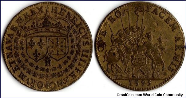 1595 yellow copper  jeton issued during reign of Henri IV. Reverse shows King Henri IV on horseback leading his cavalry.