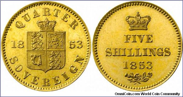 Two different reverses of pattern gold quarter sovereigns or five shillings, from the Royal Mint Museum's collection. The denomination was never issued (until now), as the size was considered to be unmanageably small. This is probably correct as Victorian half sovereigns were known to wear out quickly, and most halves from this period are found in worn condition. Underweight gold coins would have been unnaceptable in a non-fiat money environment.