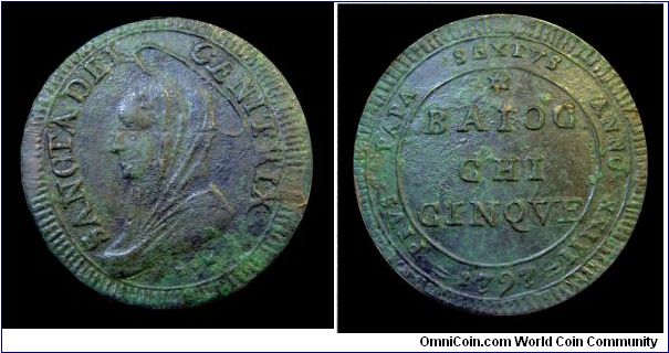 Papal States - Pius VI - 5 Baiocchi (Rome mint) - Copper