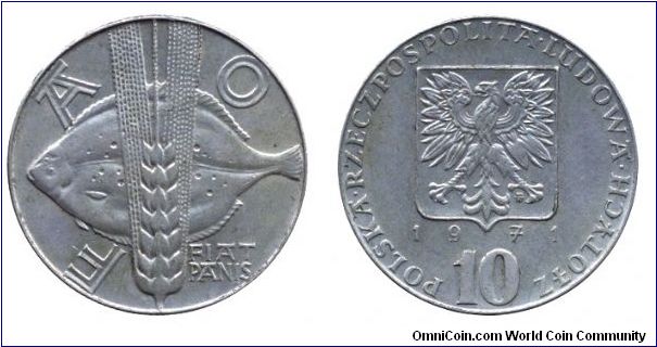 Poland, 10 zlotych, 1971, Cu-Ni, Fiat Panis, FAO.                                                                                                                                                                                                                                                                                                                                                                                                                                                                   