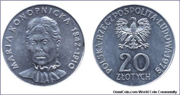 Poland, 20 zlotych, 1978, Cu-Ni, 1842-1910, Maria Konopnicka.                                                                                                                                                                                                                                                                                                                                                                                                                                                       