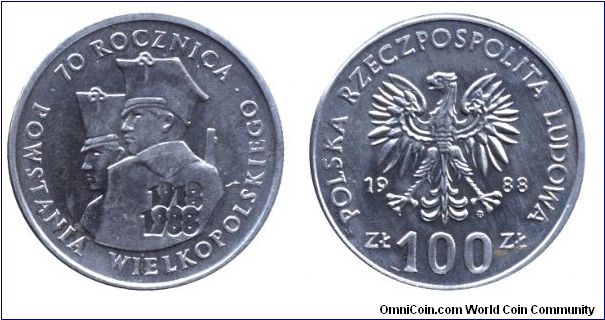 Poland, 100 zlotych, 1988, Cu-Ni, 1918-1988, 70th Anniversary of the Great Polish Revolution.                                                                                                                                                                                                                                                                                                                                                                                                                       