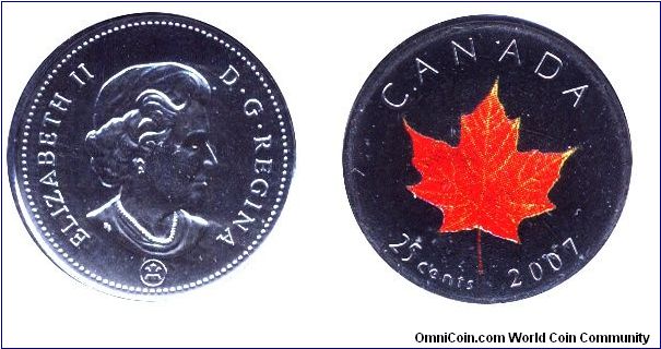Canada, 25 cents, 2007, Ni-Steel-Cu, 23.88mm, 4.5g, Red Maple Leaf, Queen Elzabeth II.                                                                                                                                                                                                                                                                                                                                                                                                                              