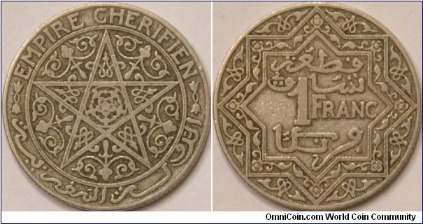1 Franc, beautifully ornate coin, year 1339 (1921), 27 mm, Cu-Ni