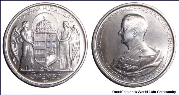 HUNGARY (REGENCY)~5 Pengo 1943.  RESTRIKE-75th Birthday of Regent: Miklos Horthy.