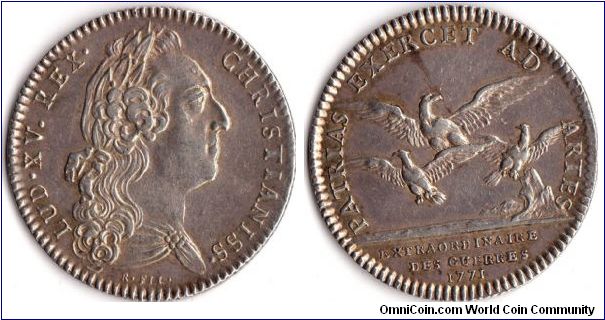 Silver jeton issued for the `Extraordinaire des Guerres' under Louis XV.