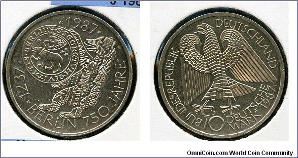 10Dm  
750 Anniversary of Berlin 1237/1987
Fractured Berlin bear holding city emblem
Eagle value & date
Hamburg mint = J