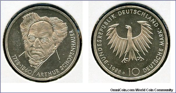 10Dm  
200th Anniversary of the birth of Arthur Schopenhauer
Portrait of A Schopenhauer (Philosepher)
Eagle value & date
Munich mint = D