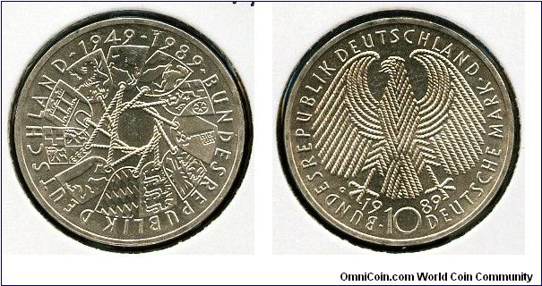 10Dm  
40th anniversary of the Federal Republic of Germany
Cicle of all state coats of arms interlocked with a rope knot
Eagle value & date
Munich mint = D