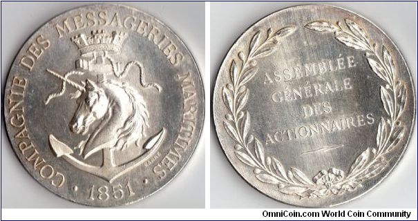 Huge silver `jeton de presence' issued for the shareholders of `La Compasgnie des Messageries maritimes'. This example struck circa 1880's