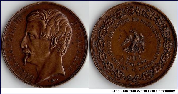 an original jeton/ medal issued in celebration of Louis Napoleon Bonaparte's (later to be known as Napoleon III) election in 1851.