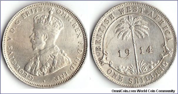 British West Africa silver shilling> looks is if it has been cleaned but its actually the dies that appear to have been cleaned.