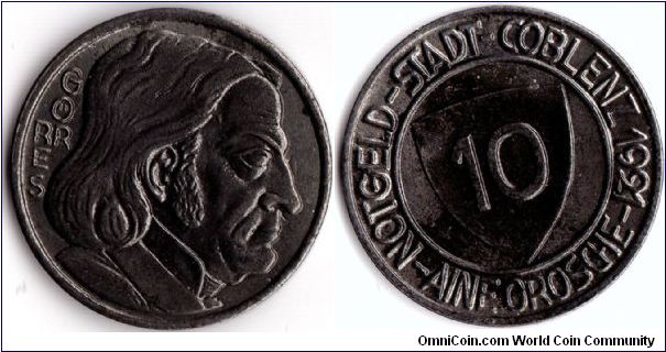 Coblenz 10 pfennig 1921 (notgeld). Exceptional condition