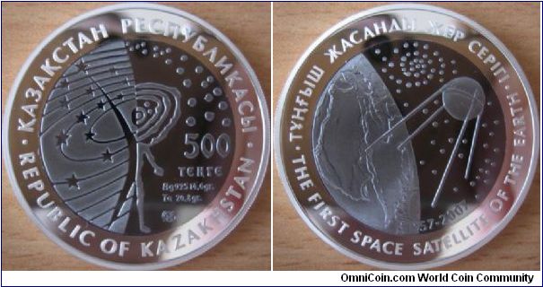 500 tenge - First space satellite - 14.6 g Ag .925 Proof + 26.8 g Tantalum - mintage 4,000