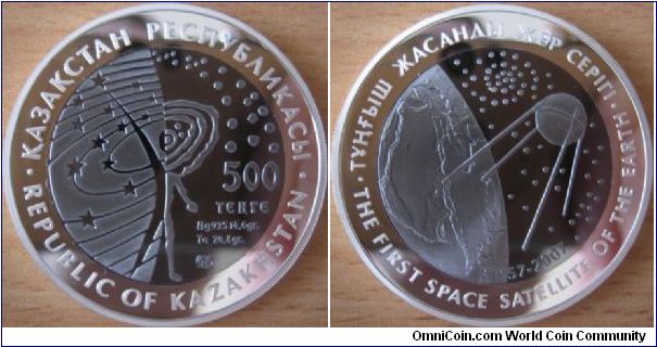 500 tenge - First space satellite - 14.6 g Ag .925 Proof + 26.8 g Tantalum - mintage 4,000