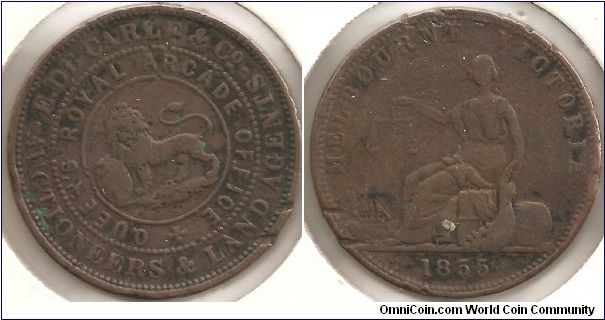 Trade token from Melbourne, Australia. E. De Carle & Co. Auctioneers and land agents.