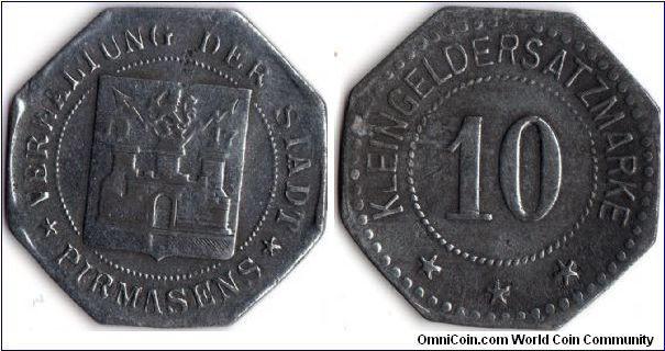 Pirmasens 10 pfennig (notgeld). No date, but circa 1920