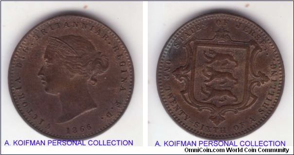 KM-4, 1866 Jersey 1/26'th of a shilling; bronze plain edge half penny size; mintage 173,000; good very fine to extra fine condition