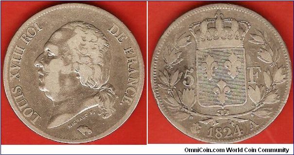 Second Restoration of Kingdom
Louis XVIII
5 francs
0.900 silver
Paris Mint (A)